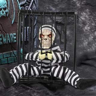 Çocuk Hareketli Sesli Sensörlü Mahkum Görünümlü Kuru Kafa İskelet Dekorasyon 22x27 cm