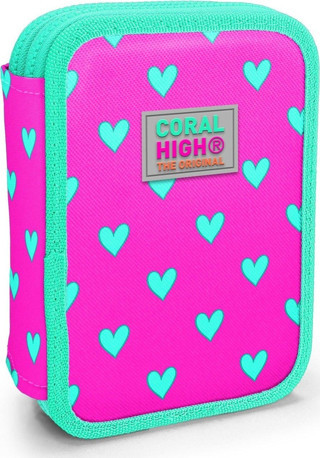 Coral High Organizer İki Katlı Kalem Çantası - Yeşil Pembe Kalp Desenli, Kız Çocuk, Yeşil Pembe Kalp Desenli
