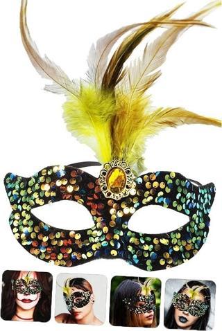 Siyah Kadife Üzeri Rengarenk Payetli Pullu Sarı Tüylü Sarı Taşlı Parti Maskesi 19x21 Cm