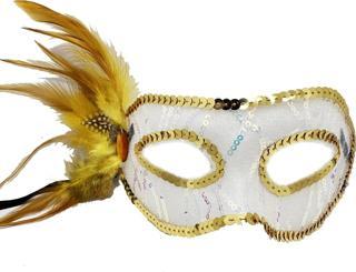 Altın Renk Yandan Tüylü Pul Payet İşlemeli Parti Maskesi 23x12 Cm