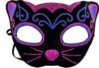 Siyah Kadife Kaplama Üzeri Pembe Mavi Sim İşlemeli Kedi Maskesi 20x13 Cm