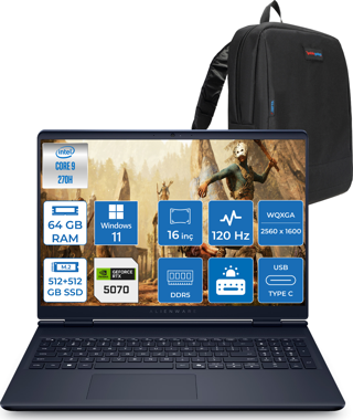 Dell Alienware 16 Aurora Intel Core I9-270H Aı 64GB GB 512GB SSD+512GB SSD 8GB/RTX5070 Gddr7 115W 16" 2.5k 2560 x 1600 Wqxga 120Hz  WIN11PRO Gaming Laptop WAC16250-C932157P26+ZETTAÇANTA