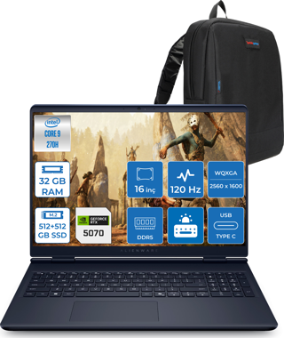 Dell Alienware 16 Aurora Intel Core I9-270H Aı 32GB GB 512GB SSD+512GB 8GB/RTX5070 Gddr7 115W 16" 2.5k 2560 x 1600 Wqxga 120Hz  Freedos Gaming Laptop WAC16250-C932157F10+ZETTAÇANTA