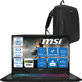 Msı Katana 17 Hx B14WFK-215XTR 14. Nesil Intel I7-14650HX 24GB Ddr5 256GB SSD 8GB/RTX5060 115W 17.3" Qhd (2560*1440), 240Hz IPS Freedos Taşınabilir Bilgisayar. W215XTRF01+ZETTAÇANTA