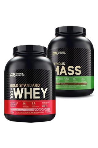 Optimum Nutrition Gold Whey Çilekli Protein Tozu 2273 Gr + Serious Mass 2727 Gr Çikolata Ar