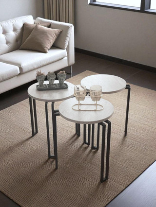 DEKORATİF 3’LÜ ZİGON SEHPA METAL AYAKLI BEYAZ AHŞAP YUVARLAK MİSAFİR SERVİS SEHPASI ORTA SEHPA