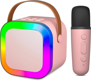 Rose K12 Taşınabilir Şarjlı Bluetooth Karaoke Mini Mikrofon ve Hoparlör Seti - Pembe