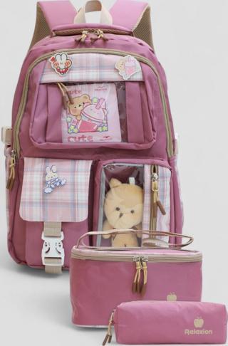Relaxion 1395 Kore Tarzı Unisex Çocuk Üçlü Set İlkokul Sırt Çantası - NKT02207-Gülkurusu-TEKEBAT