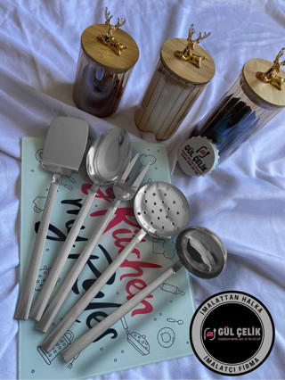 Gül Çelik Kepçe Kevgir Servis Seti 5 Parça 18/0 Kalite