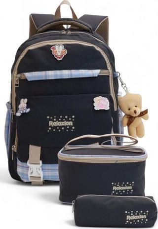 Relaxion Kore Tarzı Siyah-Mavi Su Geçirmez Astarlı Kumaş Okul Çanta Seti 3'Lü 1396