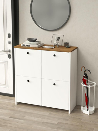 Kuzeylife Shiva Ayakkabılık  4 Kapaklı 4 Raflı Çok Amaçlı Dolap Beyaz-Safir Meşe