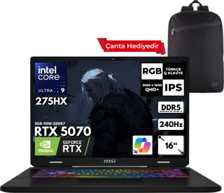 MSI CROSSHAIR 16HX AI Ultra 9-275HX 32-GBDDR5 1 TBSSD RTX5070 (8GB-115W-GDDR7) 16" 2K QHD+ 240Hz Freedos + HMF Sırt Çantası D2XWGKG-047XTRHMF1