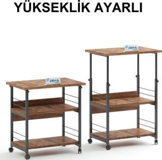 Çok Amaçlı Yükseklik Ayarlı Frenli Tekerlekli 3 Katlı Mutfak Fırınlık Kahve Masası  Yazıcı Sehpası Servis Standı