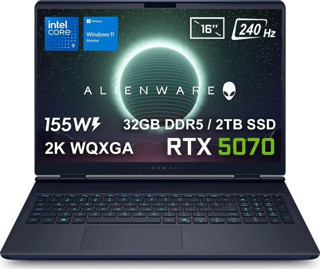 Dell Alienware 16X Aurora Intel Core Ultra 9-275HX 32GB DDR5 2TB SSD RTX5070 8GB 155W 16 inç 2K WQXGA 240Hz 3ms WVA W11 Home Gaming Laptop (AC16251-CU932157Wv1)