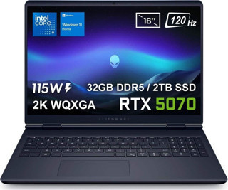 Dell Alienware 16 Aurora Intel Core 9-270H 32GB DDR5 2TB SSD RTX5070 8GB 115W 16 inç 2K WQXGA 120Hz WVA W11 Home Gaming Laptop (AC16250-C932157Wv1)