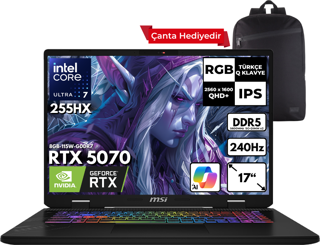 MSI CROSSHAIR 17HX AI Ultra 7-255HX 64-GBDDR5 2 TBSSD RTX5070 (8GB-115W-GDDR7) 17" 2K QHD+ 240Hz Windows 11 Pro + HMF Sırt Çantası D2XWGKG-018XTRHMF18