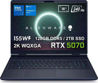 Dell Alienware 16X Aurora Intel Core Ultra 9-275HX 128GB DDR5 2TB SSD RTX5070 8GB 155W 16 inç 2K WQXGA 240Hz 3ms WVA W11 Home Gaming Laptop (AC16251-CU932157Wv4) – 2 Yıl Yerinde Servis Garantisi