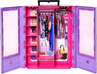 Barbie Pembe Gardırobu HJL65,Şeffaf Kapıları, Saklama Alanları, Katlanır Rafı ve 6 Askısıyla