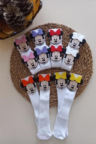 MARS BABY Kız Bebek Beyaz Mickey Minnie Mouse Keçe Figürlü Dizaltı Çorap Set