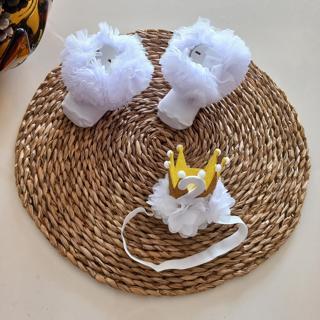 MARS BABY Kız Bebek Özel Gün Beyaz Gold Beyaz 2 Yaş Doğum Günü Taç ve Tütü Kokoş Kıvrık Çorap Set