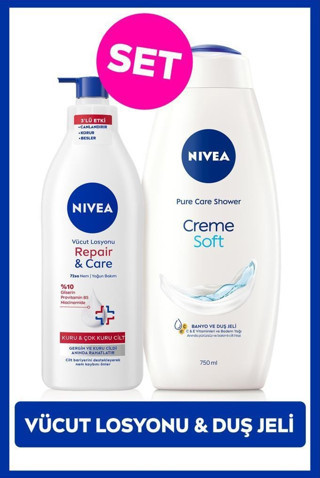Creme Soft Banyo ve Duş Jeli 750ml ve Repair&Care Yoğun Nemlendirici Vücut Losyonu 400ml, Kuru Cilt