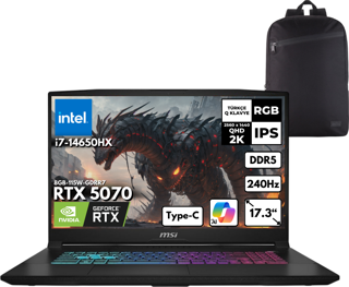 MSI KATANA 17 HX i7-14650HX 64GB 2 TBSSD RTX5070 (8GB-115W) 17.3" 2K QHD 240Hz Win11 Pro + Sırt Ç. B14WGK-046XTRHMF23