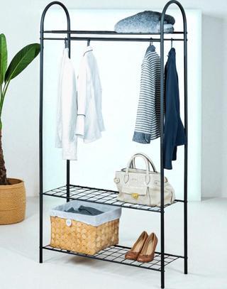 DEKORATİF SİYAH METAL ELBİSE ASKILIĞI 3 RAFLI ÇOK AMAÇLI AYAKLI PORTMANTO VE KONFEKSİYON ASKILIĞI