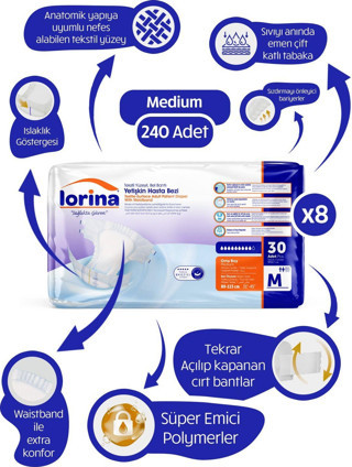 Lorina Tekstil Yüzeyli Bel Bantlı Yetişkin Hasta Bezi Medium 30'Lu 8 Paket 240 Adet