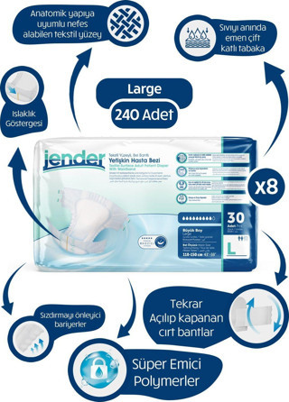 Jender Emici Bel Bantlı Yetişkin Hasta Bezi Large 240 Adet