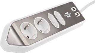 Brennenstuhl Estilo Mutfak ve Ofis İçin Çelik Yüzeyli Köşeli 4 Soketli 2 USB li 2 MT Uzatma Kablo Beyaz
