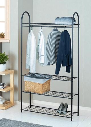 DEKORATİF SİYAH METAL ELBİSE ASKILIĞI 4 RAFLI ÇOK AMAÇLI AYAKLI PORTMANTO VE KONFEKSİYON ASKILIĞI