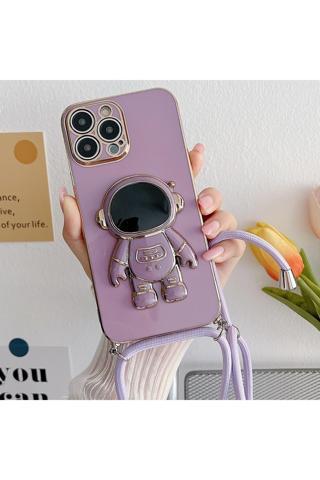 Coverzone iPhone 14 Pro ile Uyumlu Ipli Boyun Askılı Astronot Figürlü Silikon Kılıf Pastel Renkli Kılıf
