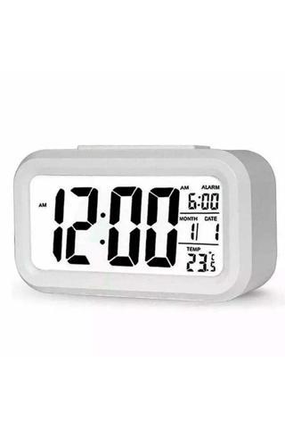 Coverzone Dijital Alarmlı Masa Saati Led Ekran Pilli Çalar Saat Beyaz
