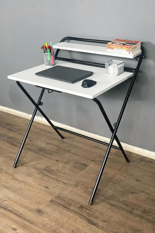 🔥 Lich Metal Ayaklı Katlanır Çalışma Masası Beyaz | Raflı Laptop Sehpası | Çizim ve Ders Masası