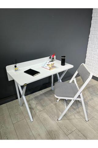 Hey Modüler Mobilya Buse Çalışma Masası Ofis Bilgisayar Masası + Katlanır Sandalyeli 103 cm Metal Beyaz Ayak