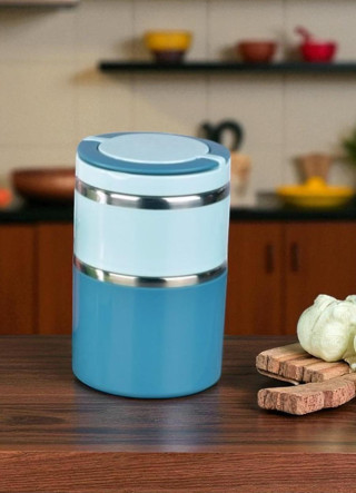Tohana kulplu çelik sefer tası - yemek termosu saklama kabı 2 katlı mavi 930 ml.