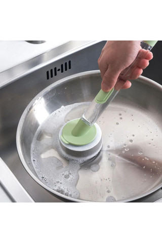 Ikea Süngerli Deterjan Hazneli Bulaşık Fırçası Saplı Bulaşık Yıkama Süngeri Yeşil