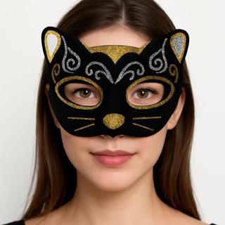 Kadife Dokulu Sim Detaylı Işıltılı Kedi Maskesi Altın Gümüş 20x13 cm