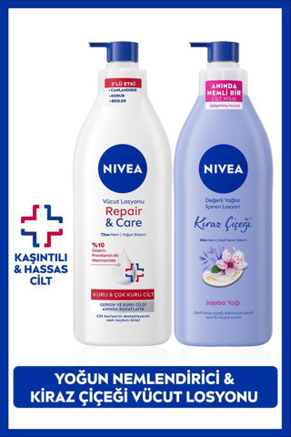 Nivea Kiraz Çiçeği Vücut Losyonu ve Repair&Care Nemlendirici Losyon 400ml, Kaşıntı Rahatlatıcı, Kuru Cilt