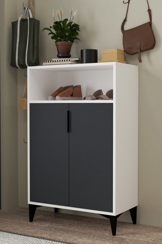 Evmo Home 1202 Ada Ayakkabılık 4 Raflı 2 Kapaklı Çok Amaçlı Dolap Antrasit Beyaz