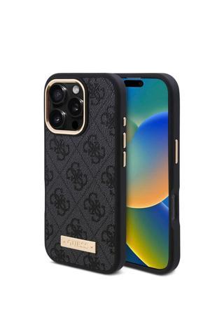Guess İphone 16 Pro Uyumlu Kılıf Lisanslı Magsafe Özellikli 4G Desenli Pu Metal Klasik Logolu Siyah
