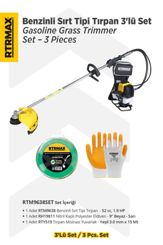RTRMAX RTM9638 Benzinli Sırt Tipi Tırpan 52 Cc 1.9 Hp - (Tırpan Bıçağı, Misina Başlığı, Hediyeli)