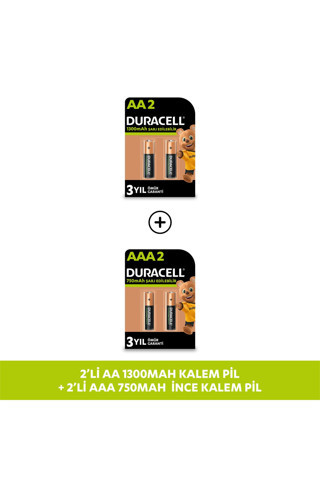 Duracell Şarj Edilebilir Aa 1300 Mah, 2'Li + Duracell Şarj Edilebilir Aaa 750 Mah Pil, 2'Li Paket