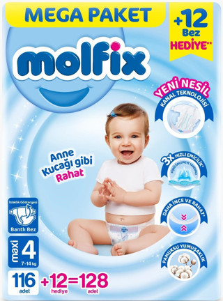 Molfix Bebek Bezi Beden:4 (7-14KG) Maxi 128 Adet Mega Pk
