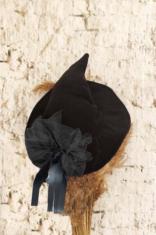 Shecco Babba Siyah Kız Çocuk Cadı Şapkası - Deri Detaylı Cadı Kostümü Şapkası