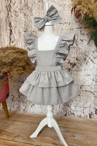 Shecco Babba Askıları Fırfırlı Kat Kat Gri Kız Çocuk Elbise Bandana Takım Doğum Günü Elbisesi 10 Yaş Gri