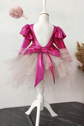 Shecco Babba Fuşya Fiyonklu Kız Çocuk Tütü Elbise, Uzun Kollu Fuşya Doğum Günü Elbisesi, Bandana 1 Yaş Fuşya