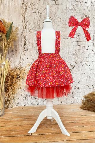 Shecco Babba Kız Çocuk Elbise Bandana Takım Kırmızı Çiçekli Doğum Günü Elbisesi 8 Yaş Kırmızı