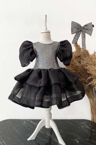 Shecco Babba Kız Çocuk Siyah Organze Abiye Elbise, Parti Elbisesi, Doğum Günü Abiye Elbise, Bandana 10 Yaş Siyah
