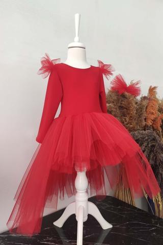 Shecco Babba Kız Çocuk Asimetrik Tütü Noel Elbise, Uzun Kollu Doğum Günü Elbisesi, Bandana 10 Yaş Kırmızı